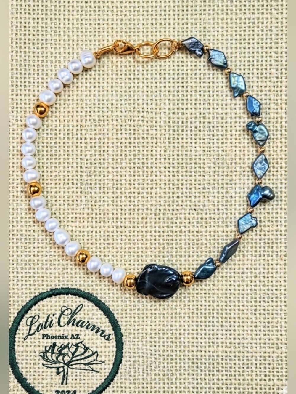 Natural Green Pearls With Coin Center & White Pearls In Assymetrical Necklace